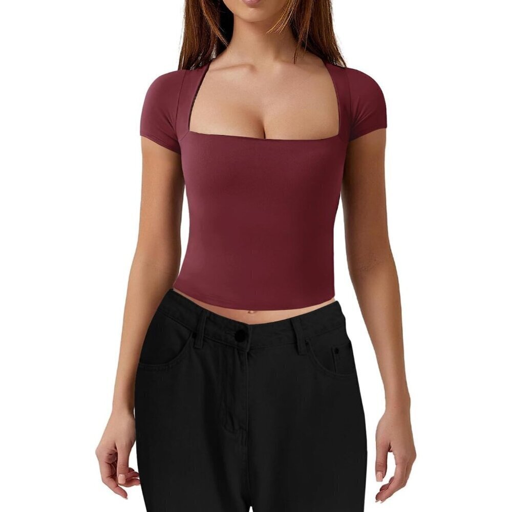 🆕 Women Red Square Neck Crop Top Sexy Short Sleeve Cute Basic Cropped T Shirts